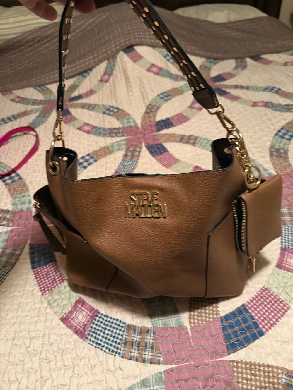 Steve Madden Cognac Brown Faux Leather Shoulder Bag with Gold Hardware